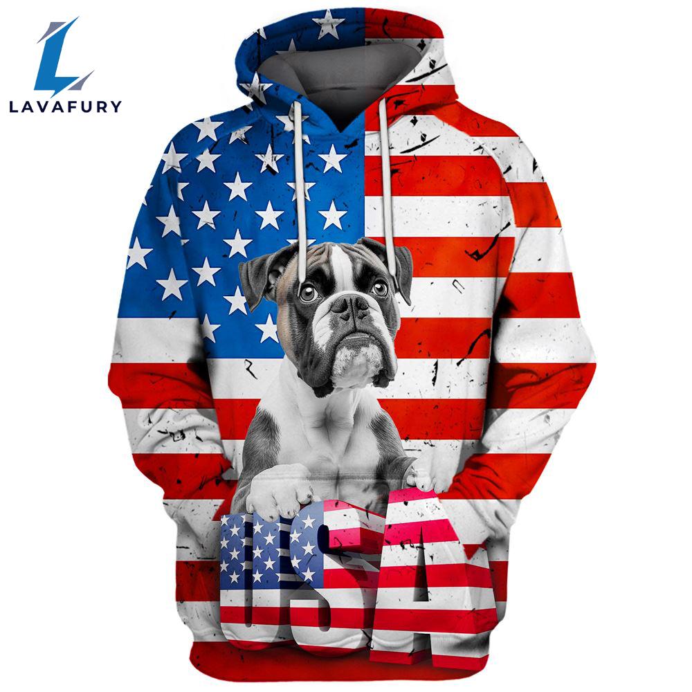 Boxer Dog 1 3D Face Graphic Premium America Flag Hoodie For Lover Dogs