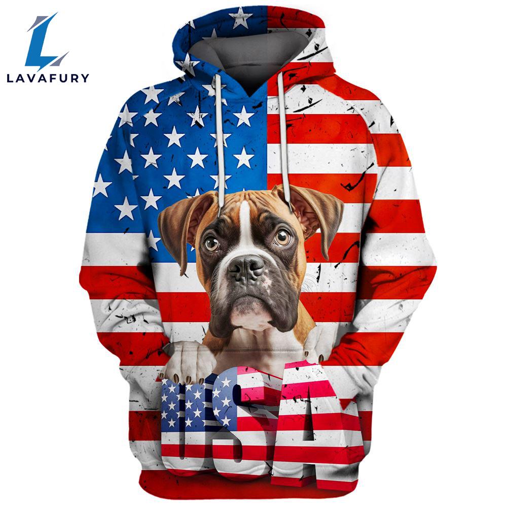 Boxer Dog 4 3D Face Graphic Premium America Flag Hoodie For Lover Dogs