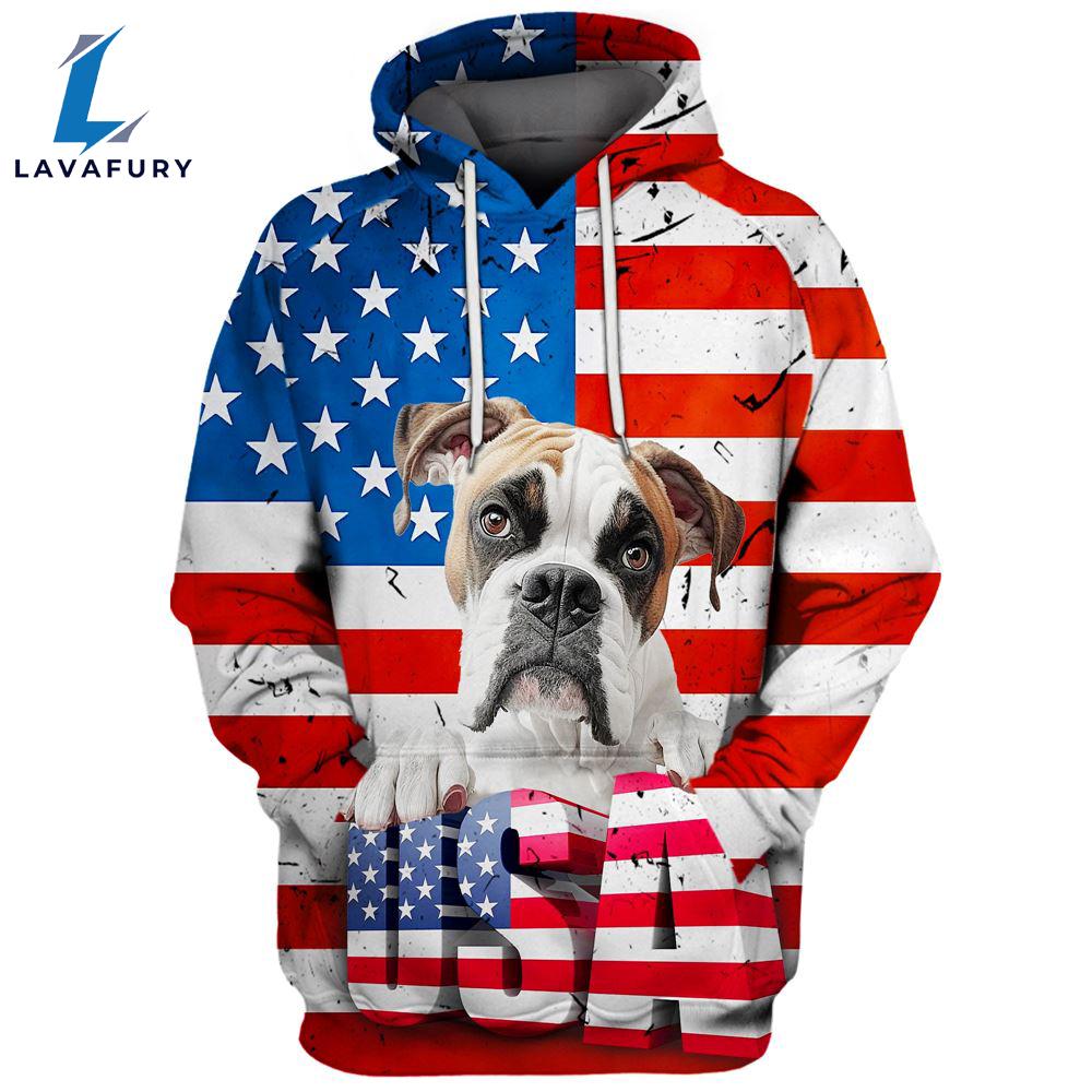 Boxer Dog 5 3D Face Graphic Premium America Flag Hoodie For Lover Dogs