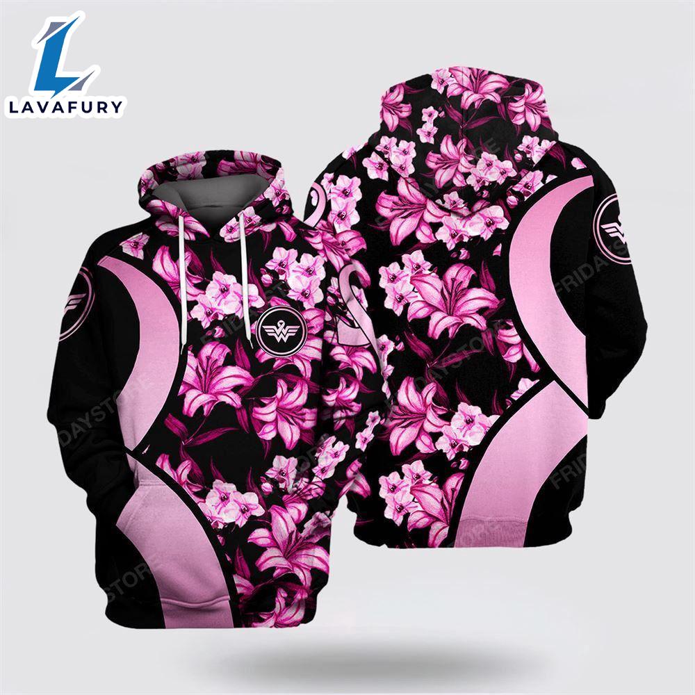 Breast Cancer Flowers Pattern Black Pink Hoodie