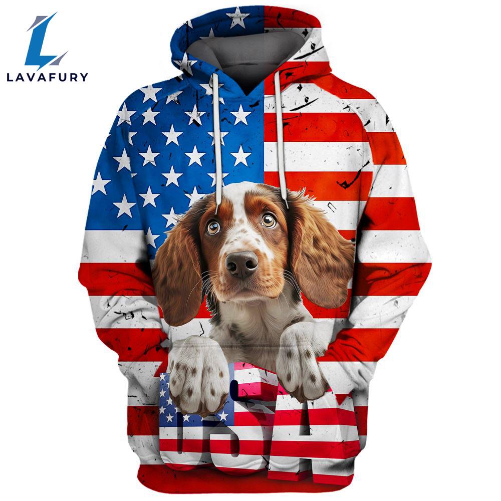 Brittany Dog 3D Face Graphic Premium America Flag Hoodie For Lover Dogs
