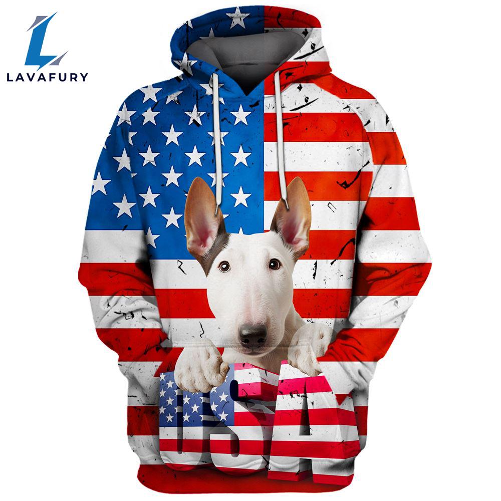 Bull Terrier Dog 3D Face Graphic Premium America Flag Hoodie For Lover Dogs