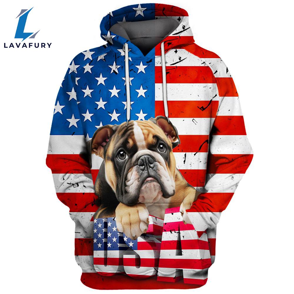 Bulldog 1 3D Face Graphic Premium America Flag Hoodie For Lover Dogs