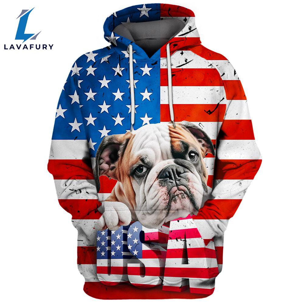 Bulldog 2 3D Face Graphic Premium America Flag Hoodie For Lover Dogs