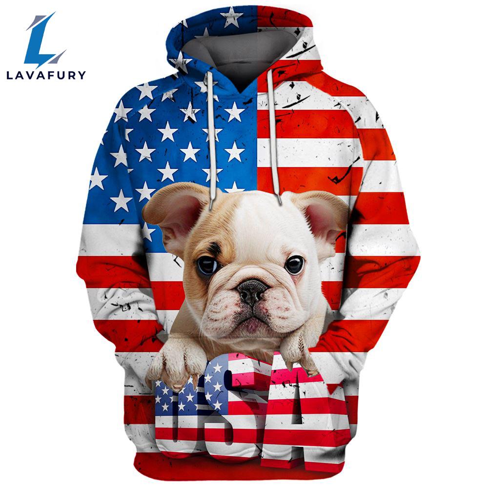 Bulldog 3 3D Face Graphic Premium America Flag Hoodie For Lover Dogs