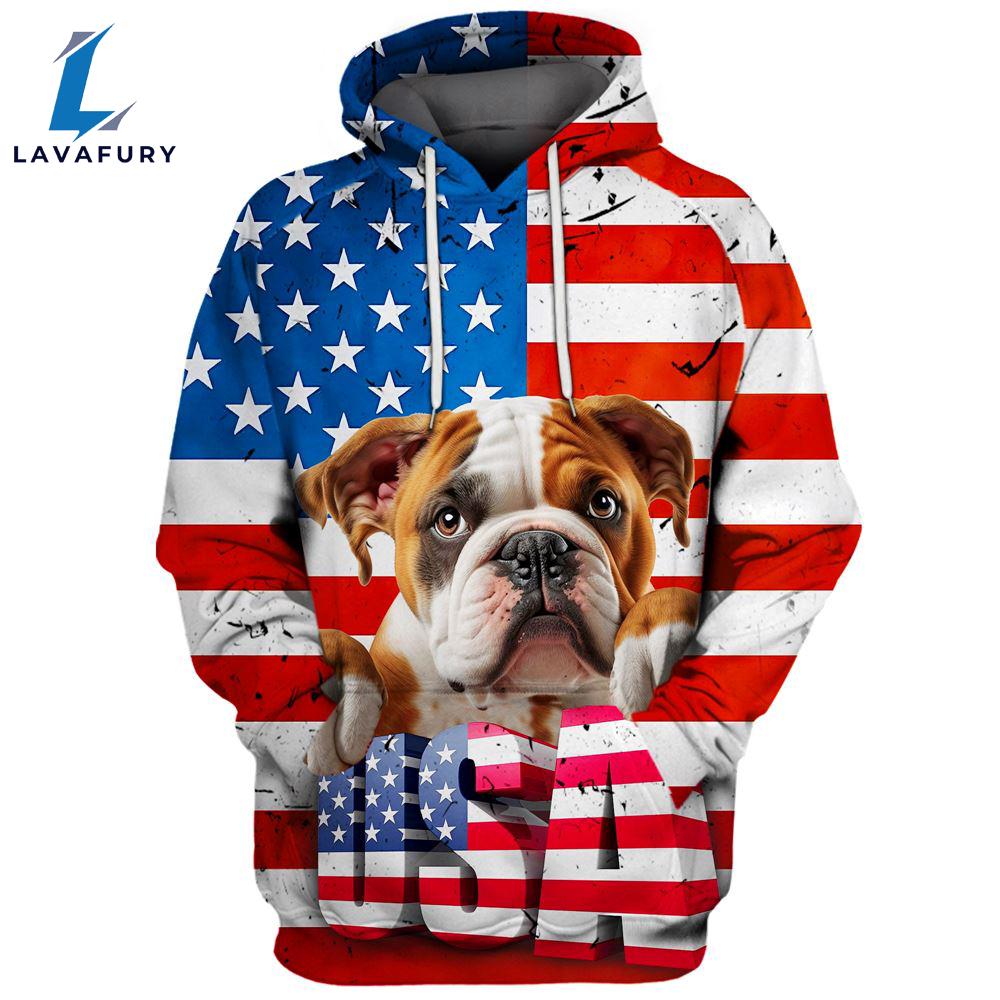 Bulldog 4 3D Face Graphic Premium America Flag Hoodie For Lover Dogs