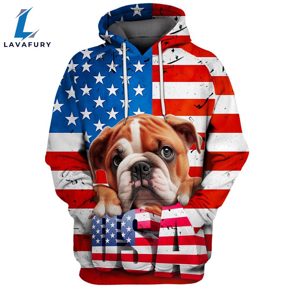 Bulldog 5 3D Face Graphic Premium America Flag Hoodie For Lover Dogs