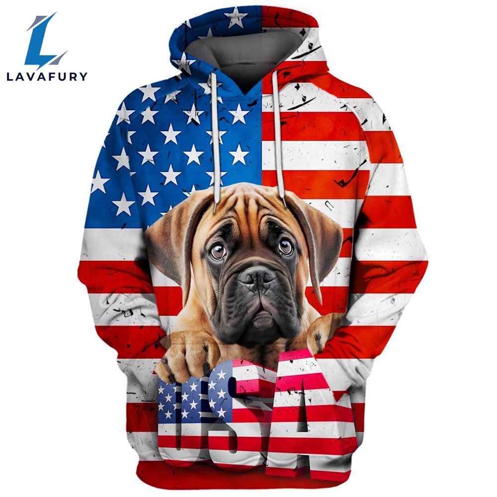 Bullmastiff Dog 3D Face Graphic Premium America Flag Hoodie For Lover Dogs