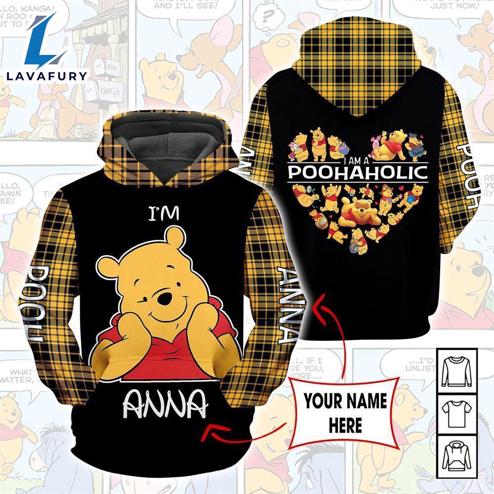 Cartoon Character Winnie The Pooh Aholic Gingham Hoodie All Over Printed 3D Personalized Custom Name Unisex Men