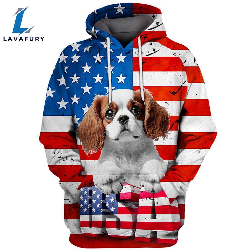 Cavalier King Charles Spaniel Dog 1 3D Face Graphic Premium America Flag Hoodie For Lover Dogs