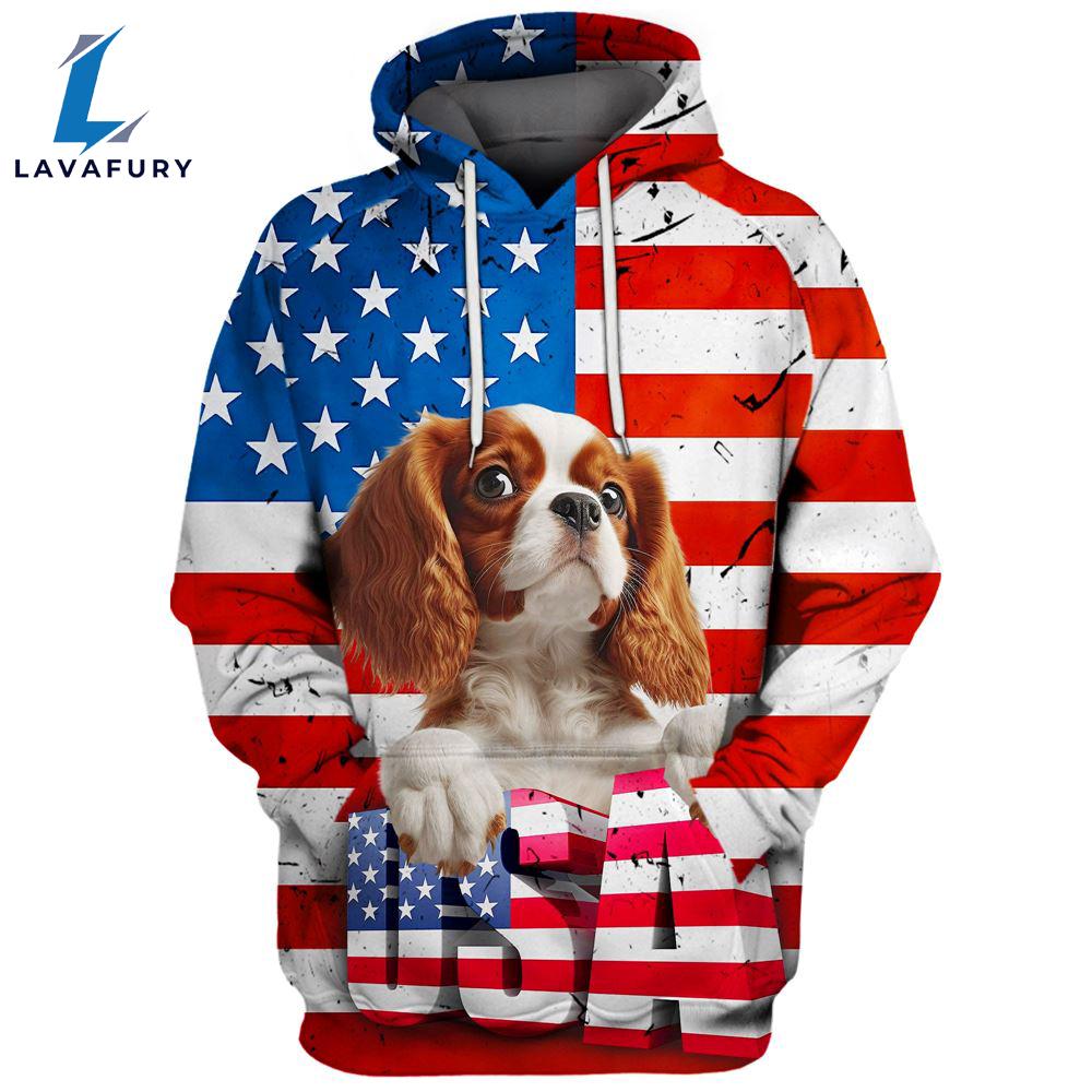 Cavalier King Charles Spaniel Dog 2 3D Face Graphic Premium America Flag Hoodie For Lover Dogs