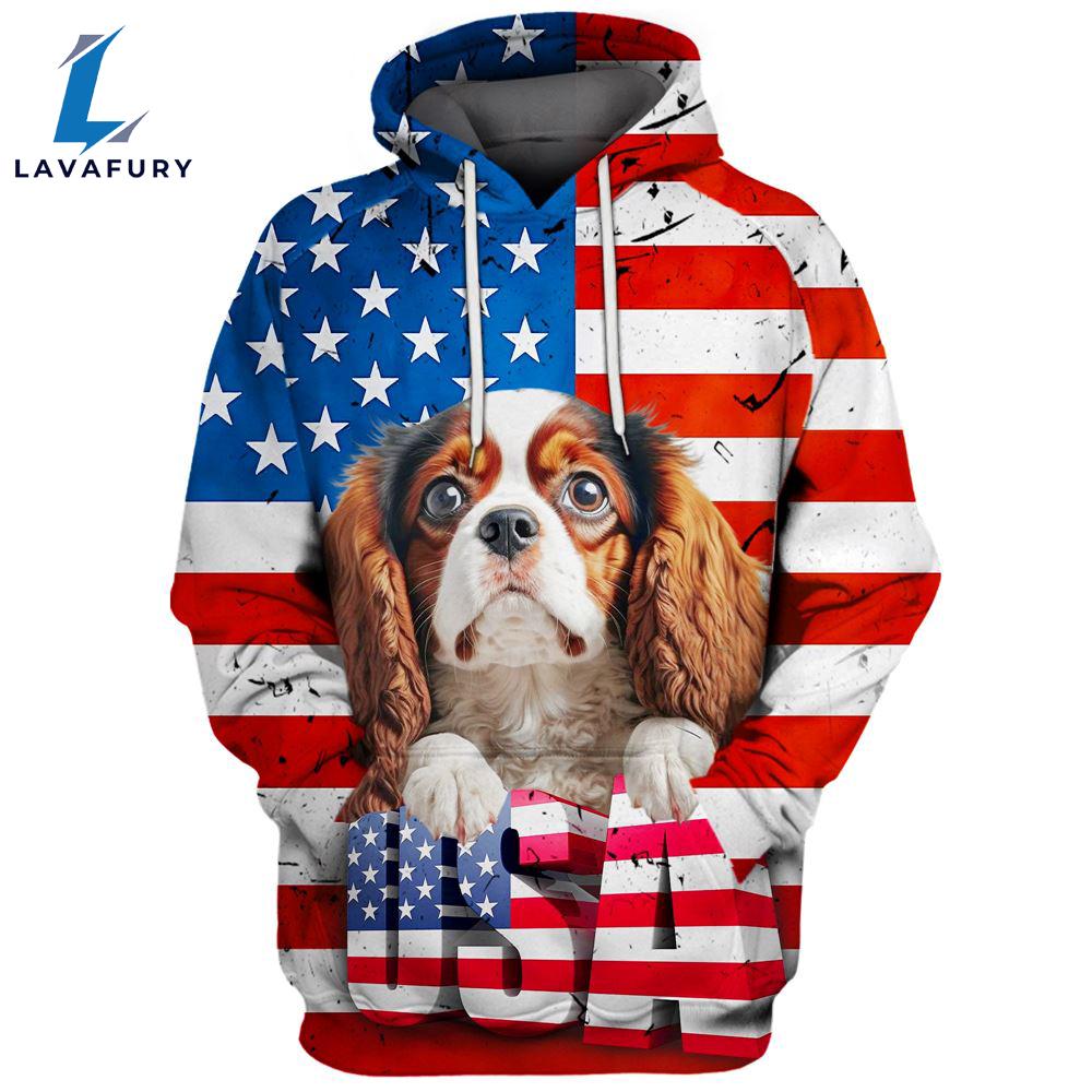 Cavalier King Charles Spaniel Dog 3 3D Face Graphic Premium America Flag Hoodie For Lover Dogs