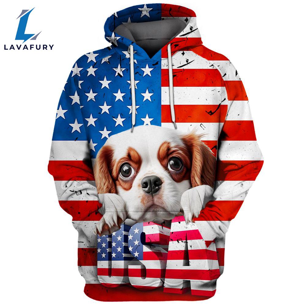 Cavalier King Charles Spaniel Dog 4 3D Face Graphic Premium America Flag Hoodie For Lover Dogs