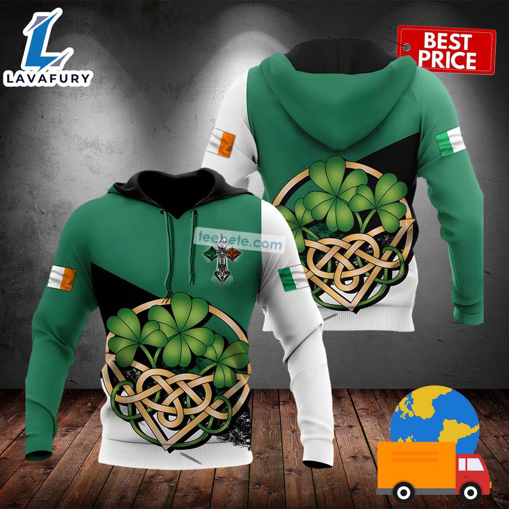 Celtic Cross Shamrock St Patrick Green 3D Design Hoodie 2025