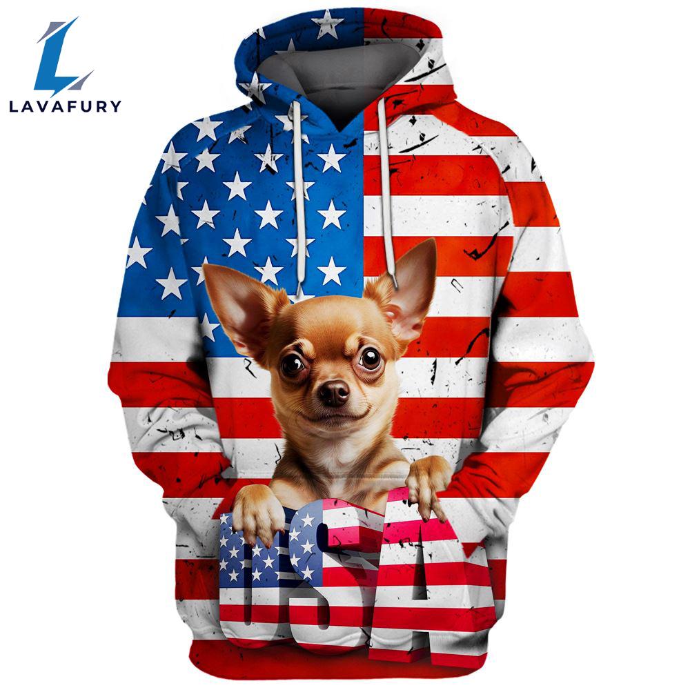 Chihuahua Dog 2 3D Face Graphic Premium America Flag Hoodie For Lover Dogs