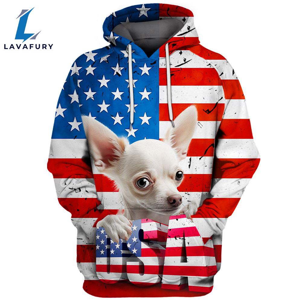 Chihuahua Dog 3 3D Face Graphic Premium America Flag Hoodie For Lover Dogs