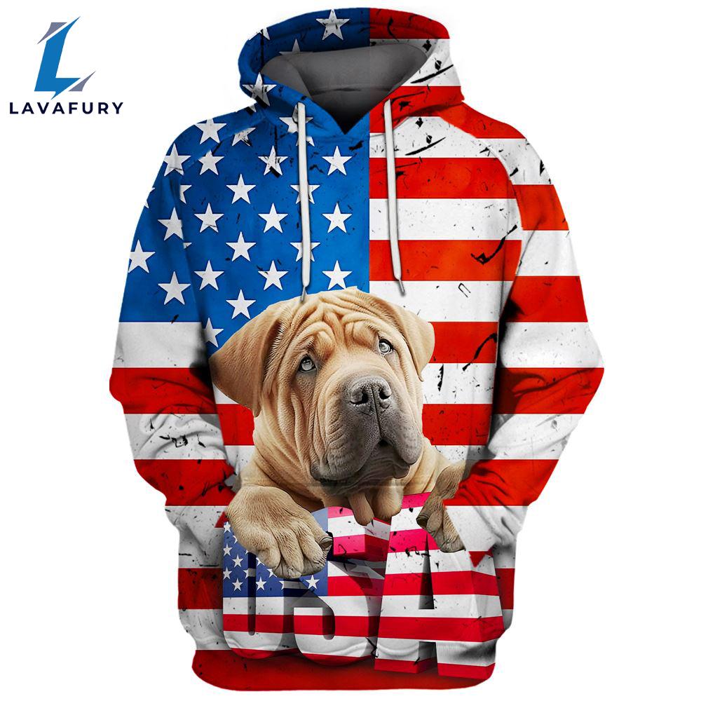 Chinese Shar-Pei Dog 3D Face Graphic Premium America Flag Hoodie For Lover Dogs