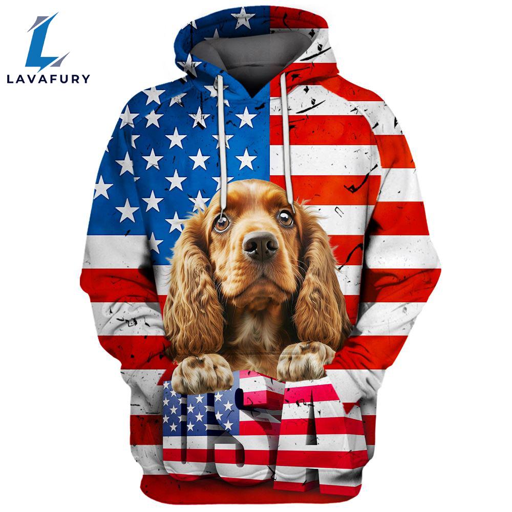 Cocker Spaniel Dog 3D Face Graphic Premium America Flag Hoodie For Lover Dogs