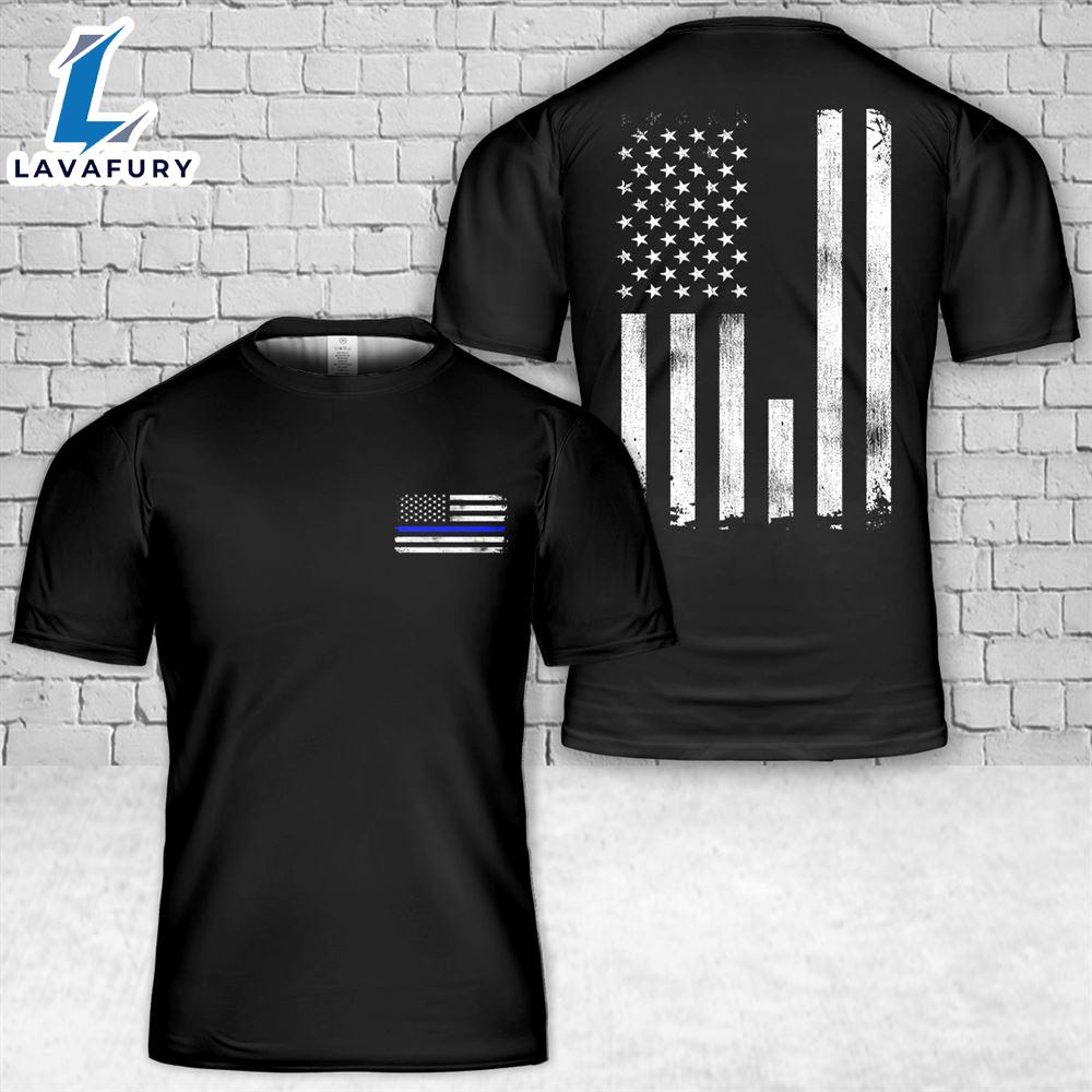 Custom Name Police Thin Blue Line Vertical Flag T-Shirt 3D 4th Of July Shirt