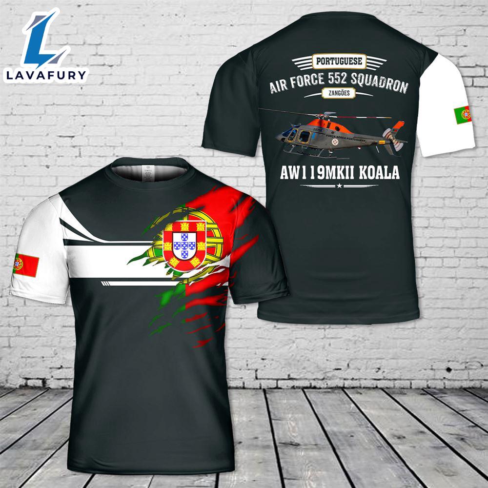 Custom Name Portuguese Air Force 552 Squadron Zang?es AW119MKII Koala 3D T-shirt 4th Of July