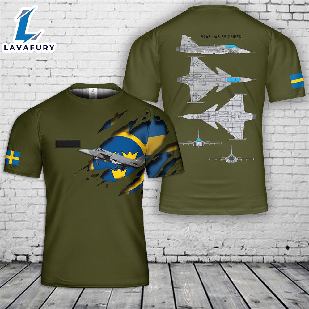 Custom Name Sweden Air Force Saab JAS 39 Gripen T-Shirt 3D 4th Of July