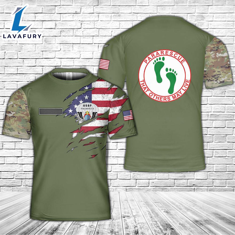 Custom Name US Air Force Pararescue PJ Green Feet T-Shirt 3D 4th Of July