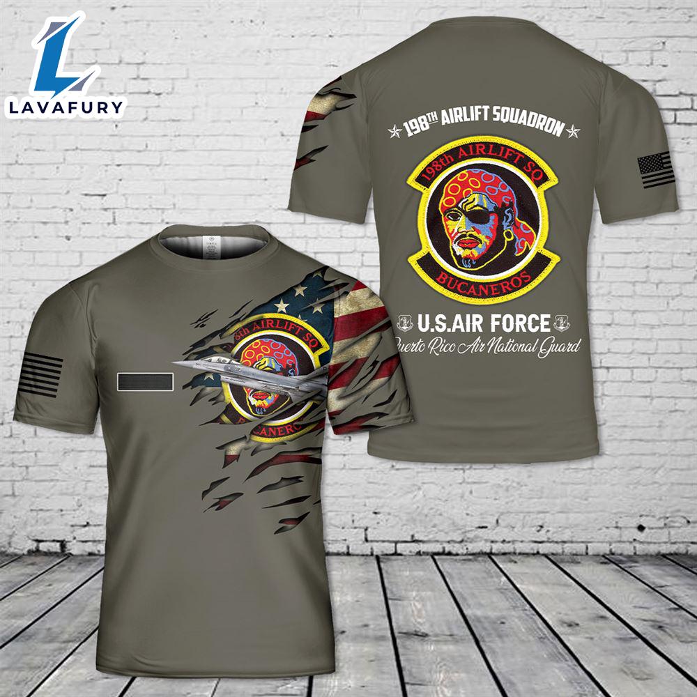 Custom Name US Air Force Puerto Rico Air National Guard 198th Airlift Squadron Bucaneros Block 15 F-16A ADF Fighting Falcon T-Shirt 3D 4th Of July