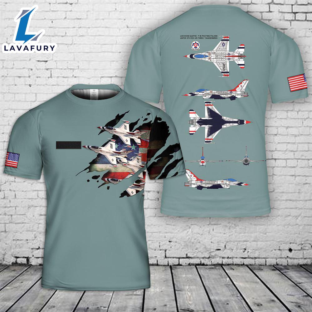 Custom Name US Air Force Thunderbird Lockheed Martin F-16 Fighting Falcon T-Shirt 3D 4th Of July
