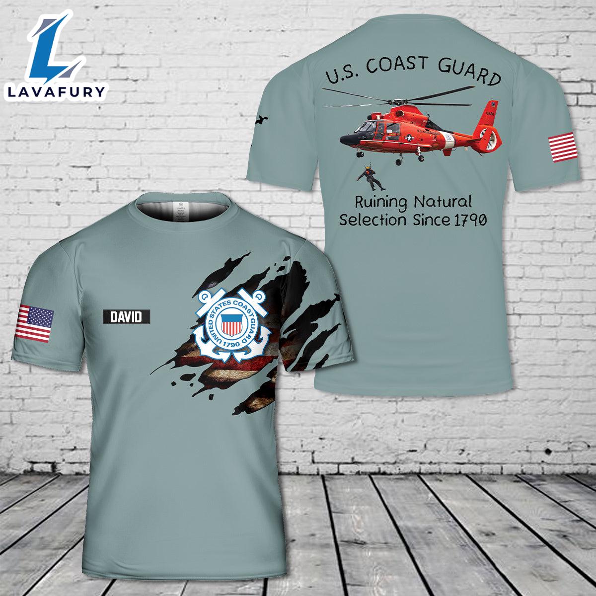 Custom Name US Coast Guard Aerospatiale HH-65C Dolphin Natural Selection 3D T-Shirt 4th Of July Shirt