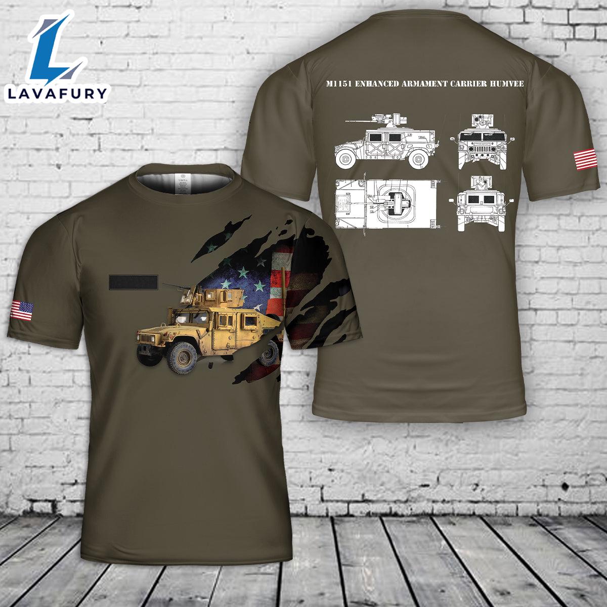 Custom Name US M1151 Enhanced Armament Carrier Humvee With 50 Cal On Top T-Shirt 3D 4th Of July Shirt