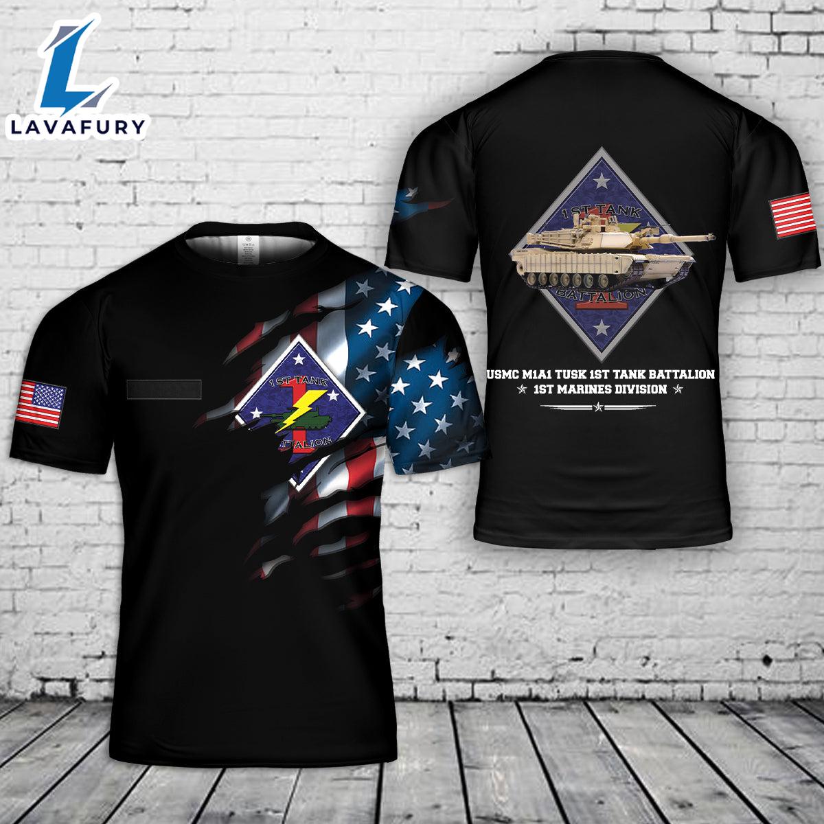 Custom Name USMC M1A1 TUSK 1st Tank Battalion, 1st Marines Division 3D T-Shirt 4th Of July Shirt