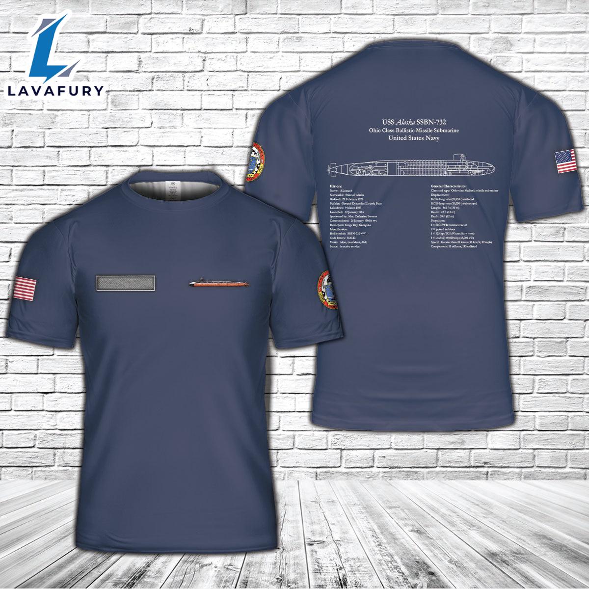 Custom Name USS Alaska SSBN-732 Ohio Class Submarine T-Shirt 3D 4th Of July Shirt