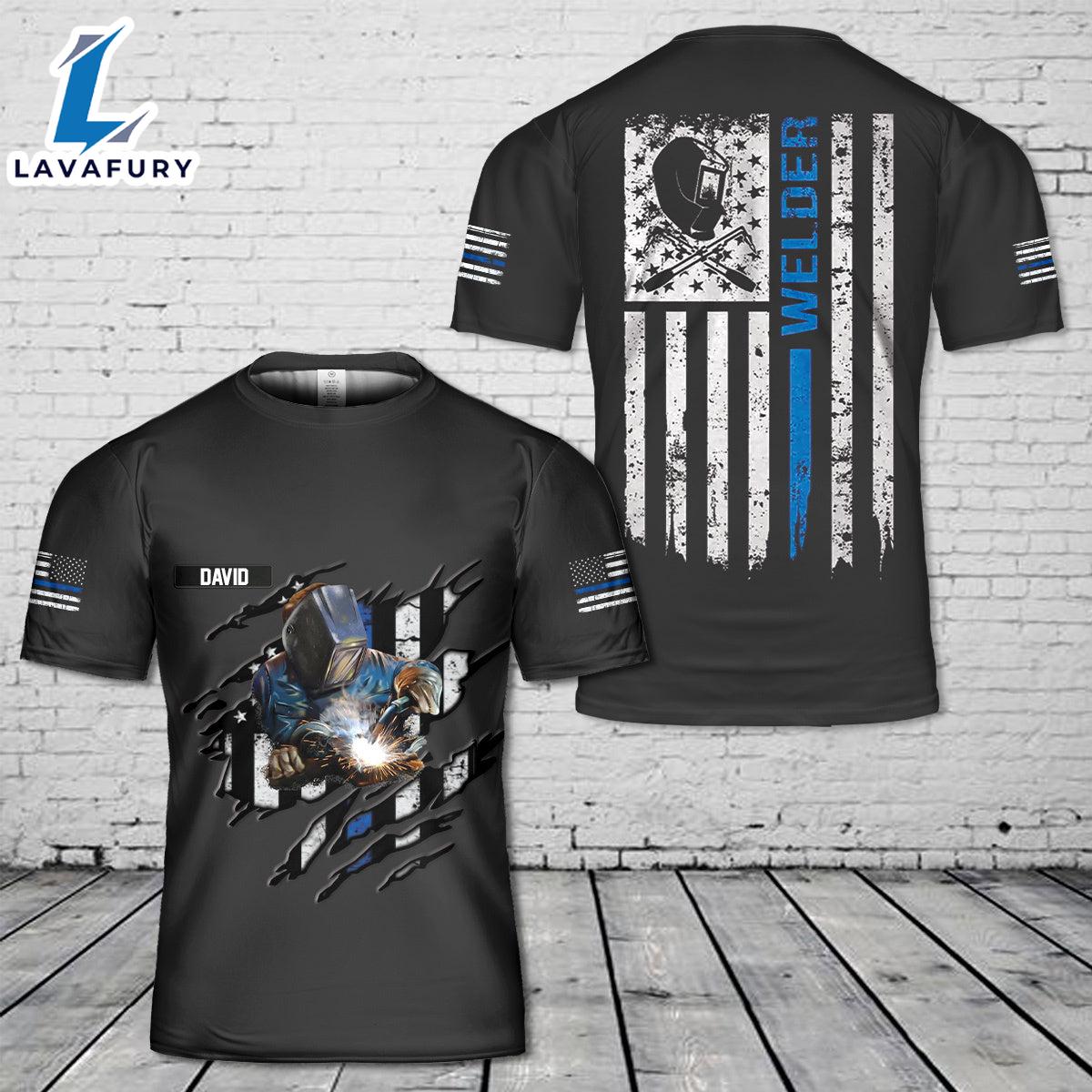 Custom Name Welder Thin Blue Line Flag 3D T-Shirt 4th Of July Shirt