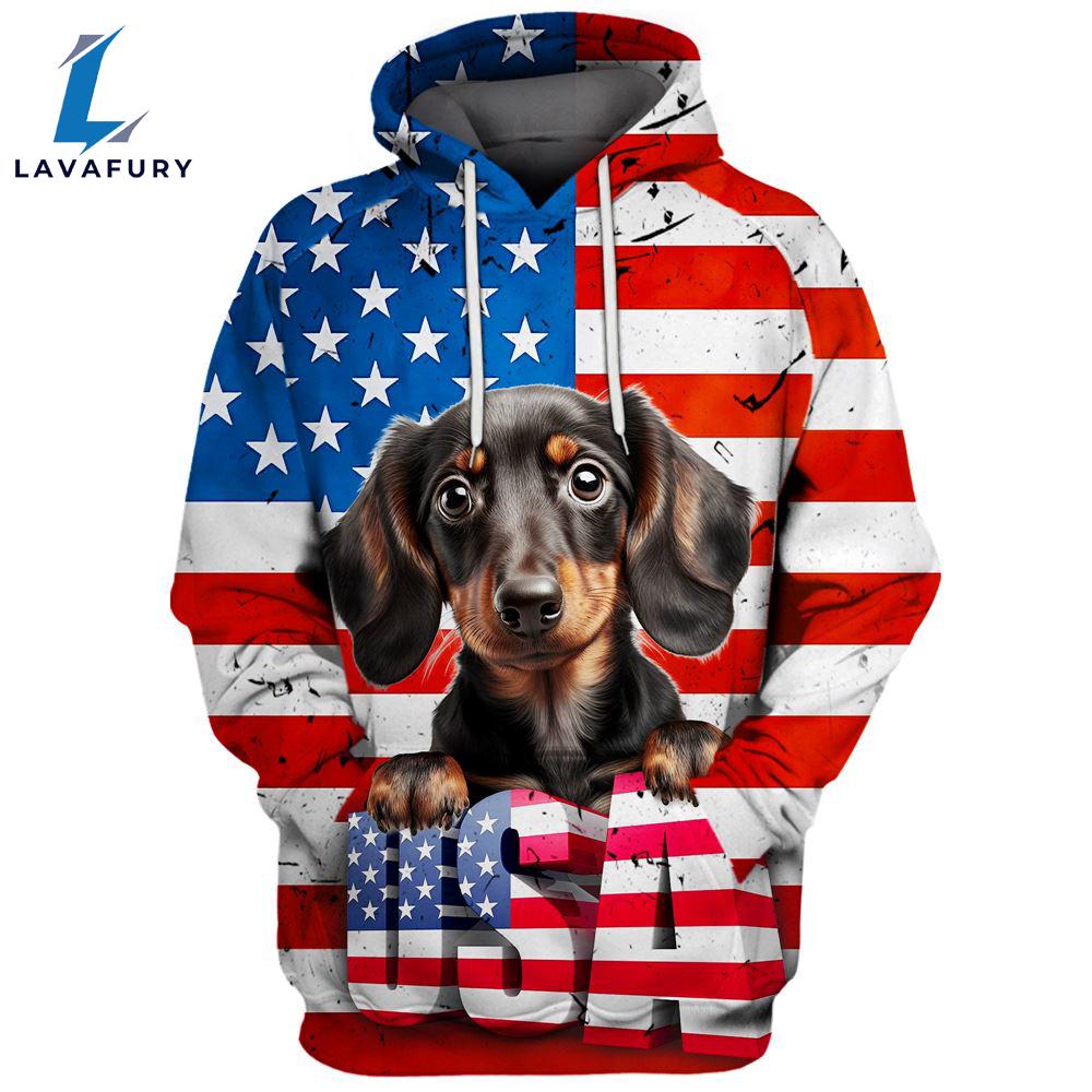 Dachshund Dog 1 3D Face Graphic Premium America Flag Hoodie For Lover Dogs