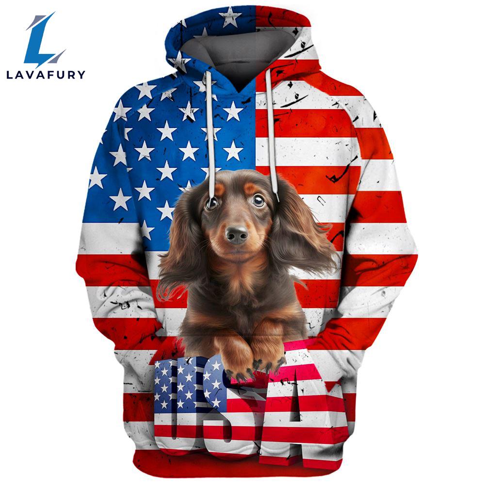 Dachshund Dog 10 3D Face Graphic Premium America Flag Hoodie For Lover Dogs