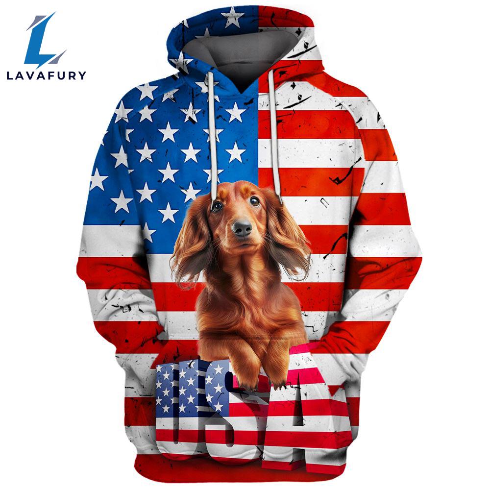 Dachshund Dog 11 3D Face Graphic Premium America Flag Hoodie For Lover Dogs