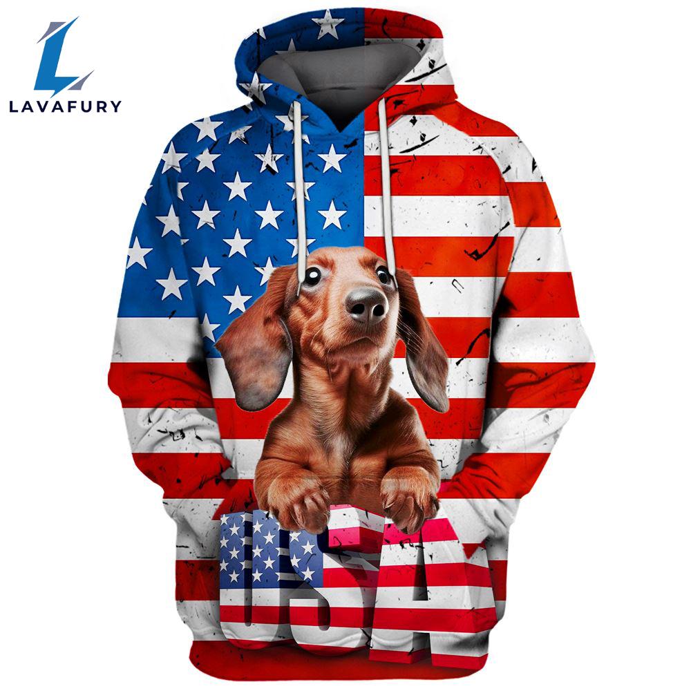 Dachshund Dog 12 3D Face Graphic Premium America Flag Hoodie For Lover Dogs