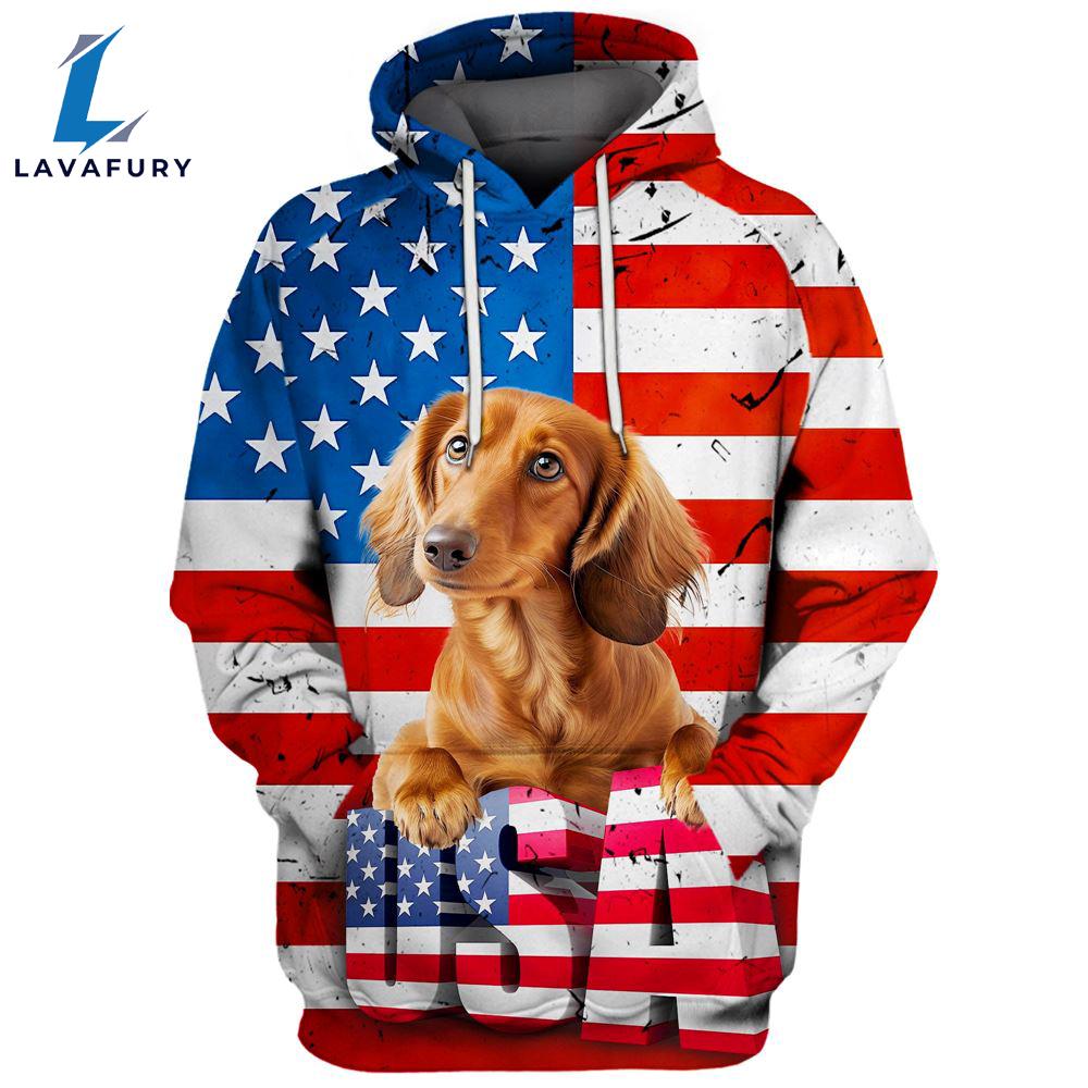 Dachshund Dog 14 3D Face Graphic Premium America Flag Hoodie For Lover Dogs