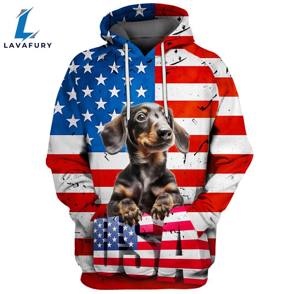 Dachshund Dog 2 3D Face Graphic Premium America Flag Hoodie For Lover Dogs