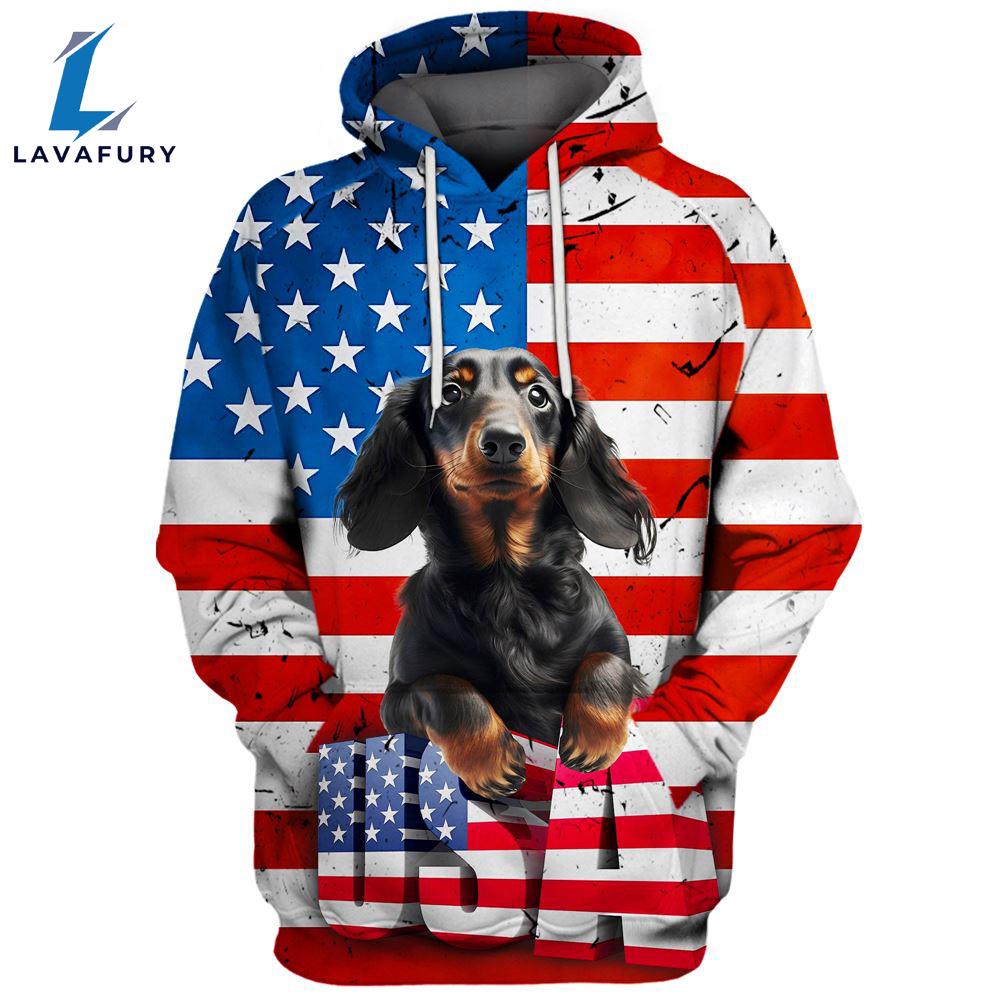 Dachshund Dog 3 3D Face Graphic Premium America Flag Hoodie For Lover Dogs
