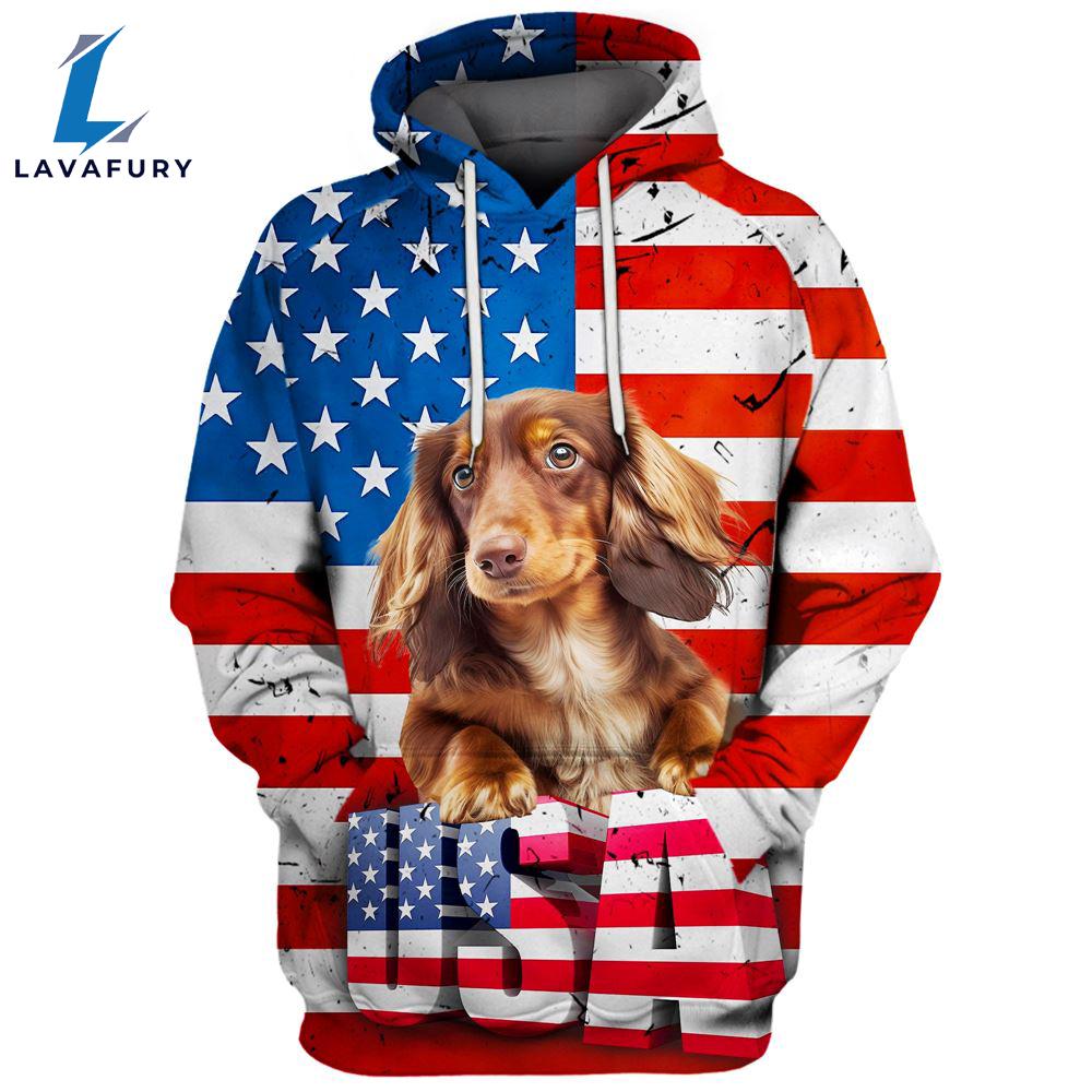 Dachshund Dog 4 3D Face Graphic Premium America Flag Hoodie For Lover Dogs