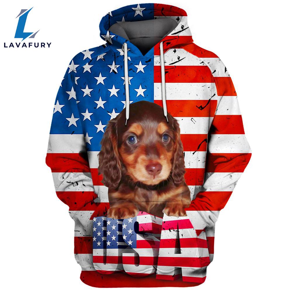 Dachshund Dog 5 3D Face Graphic Premium America Flag Hoodie For Lover Dogs