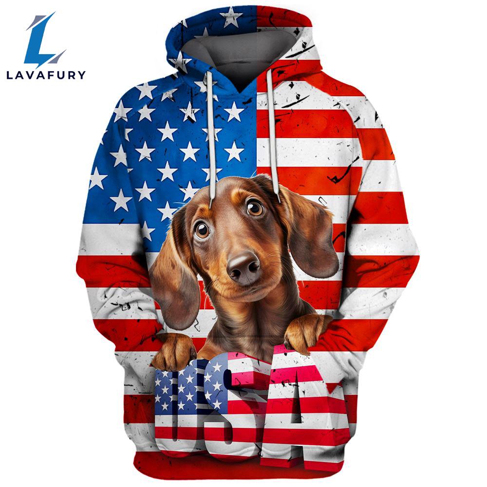 Dachshund Dog 6 3D Face Graphic Premium America Flag Hoodie For Lover Dogs