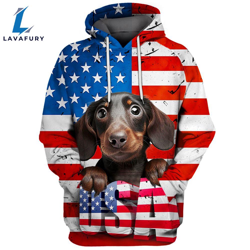 Dachshund Dog 7 3D Face Graphic Premium America Flag Hoodie For Lover Dogs