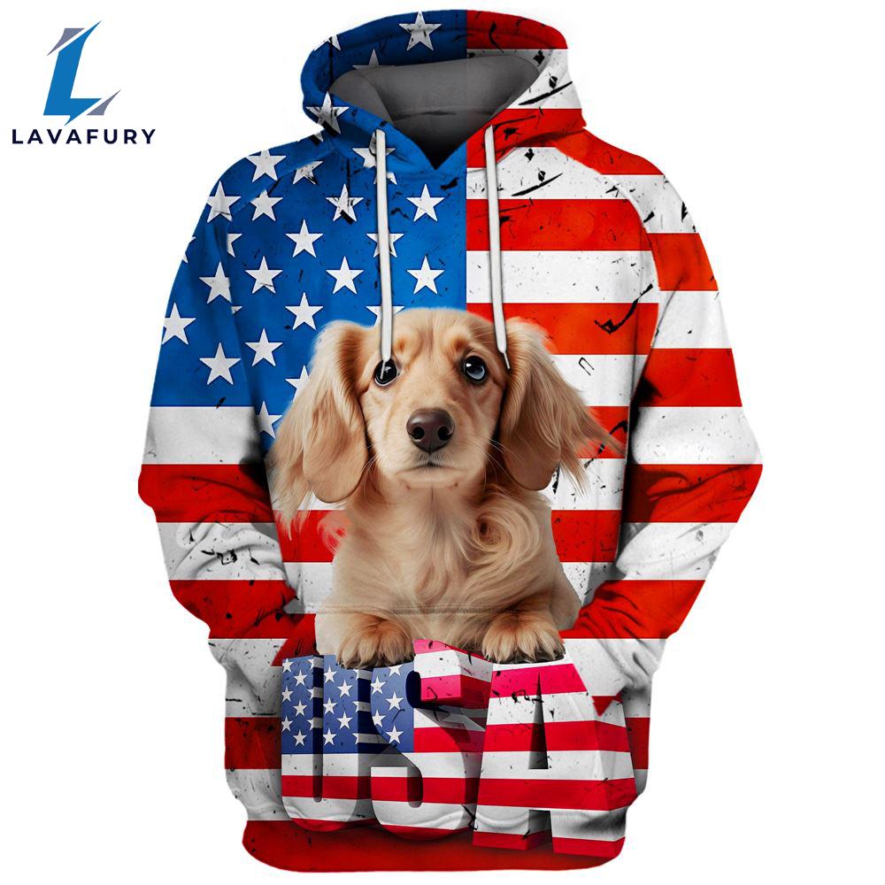 Dachshund Dog 8 3D Face Graphic Premium America Flag Hoodie For Lover Dogs
