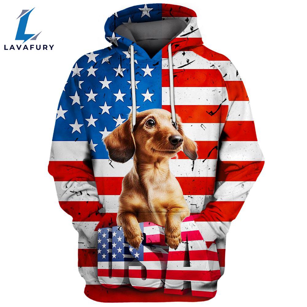 Dachshund Dog 9 3D Face Graphic Premium America Flag Hoodie For Lover Dogs