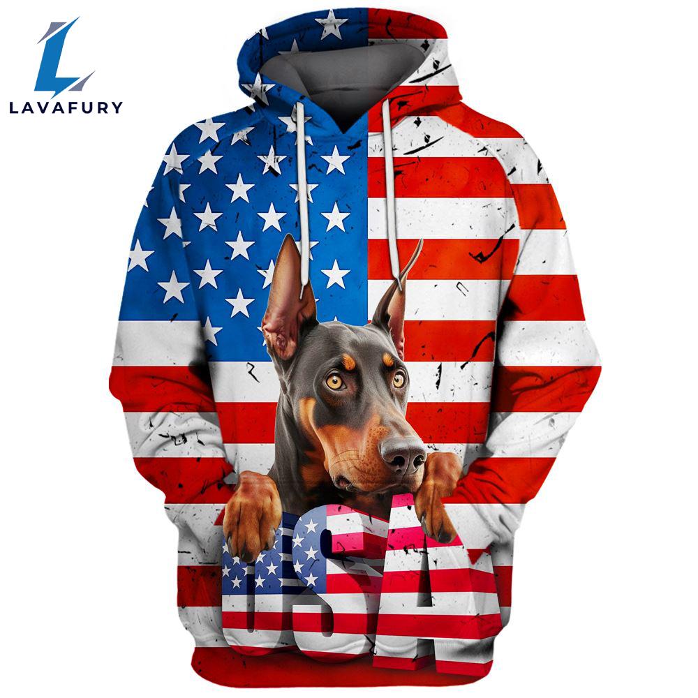 Doberman Pinscher Dog 3D Face Graphic Premium America Flag Hoodie For Lover Dogs