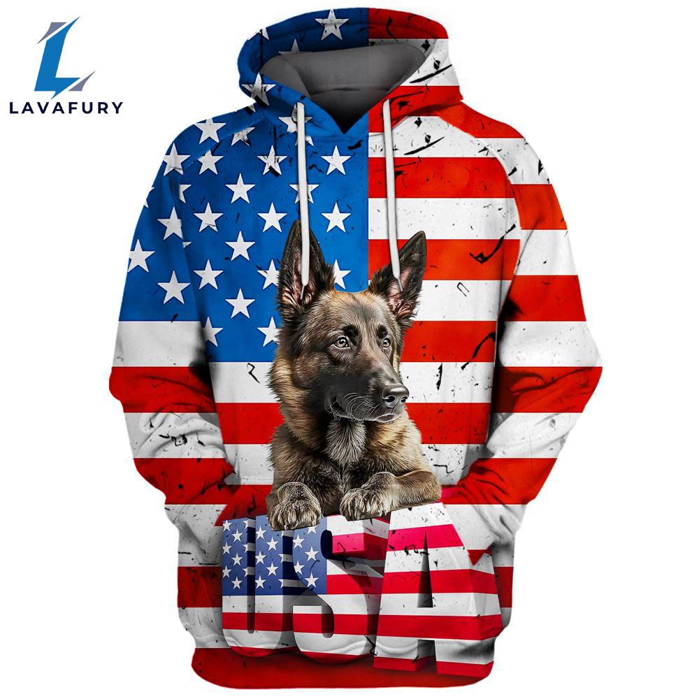 Dutch Shepherd Dog 3D Face Graphic Premium America Flag Hoodie For Lover Dogs
