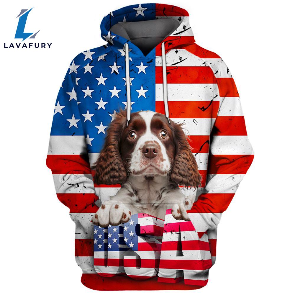 English Springer Spaniel Dog 3D Face Graphic Premium America Flag Hoodie For Lover Dogs