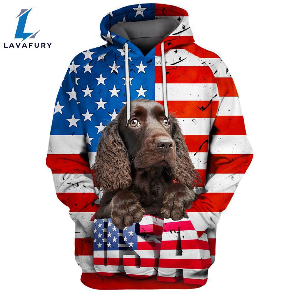 Field Spaniel Dog 3D Face Graphic Premium America Flag Hoodie For Lover Dogs